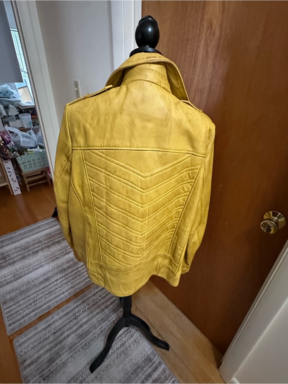 Chevron-Stitched Yellow Leather Bomber Jacket